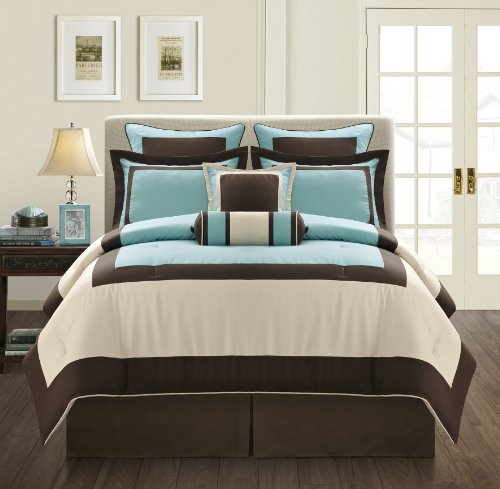 7 Piece GRAMERCY Color Block Bedding Choco Brown with Aqua Blue accents Comforter Set, Queen Size Bedding