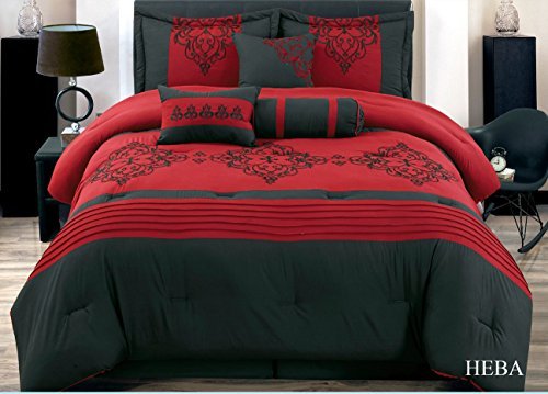 7 Piece Burgundy Red Black Medallion EMBROIDERED Comforter Set King (104x 90) size