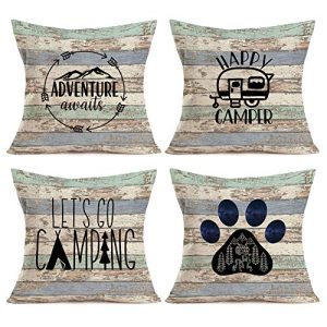 Asamour Camping Vintage Wood Home Decor Pillowcase Happy Campers Words with RV Travel Car Tent Mountain Tree Decorative Throw Pillow Case Cushion Cover 18''x18'' Set of 4
