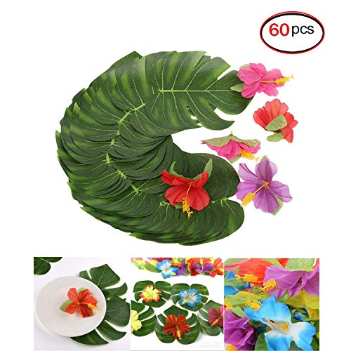 Blessed Family Party Tropical Leaves,Artificial Plant Leaves,Monstera Palm Leaves Decoration,Leaves Flowers Plants Supplies (Leaves 36PC + Flower 24PC)