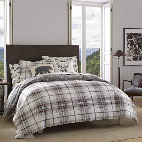 DP 3pc Grey Red White Plaid Comforter Full Queen Set, Deer Pattern Flannel Cotton, Tartan Bedding Checked Buffalo Check Classic Madras Cabin Lodge Lumberjack Hunting