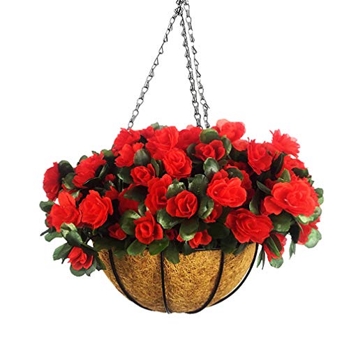 Mynse Set of Artificial Flower Azalea Hanging Basket with Chain for Indoor Decoration (A Small Basket with Artificial Flower)