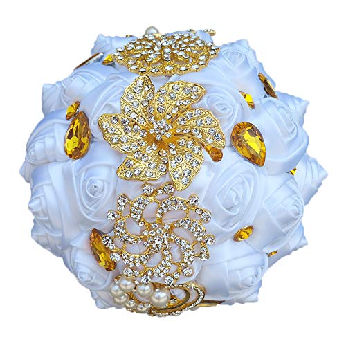 YOYOYU Luxury Gorgeous Wedding Bridal Bouquets Elegant Pearl Bride Flower Wedding Bouquet Handmade Crystal Ribbon Weaths W227(White)