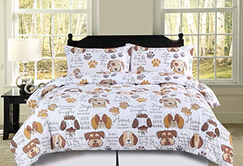 HowPlum Full/Queen Dog Puppy Comforter Bedding Set Pet Themed Animal Lover Brown, Tan and White