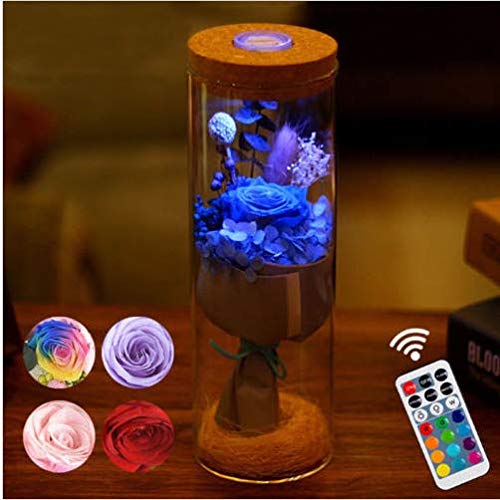 ZOOARTS Glowing Preserved Pink Rose in a Glass, RGB Preserved Fresh Flower Glowing Colorful with Remote Control as Wedding Christmas Mother's Day Creative Gifts (Blue)
