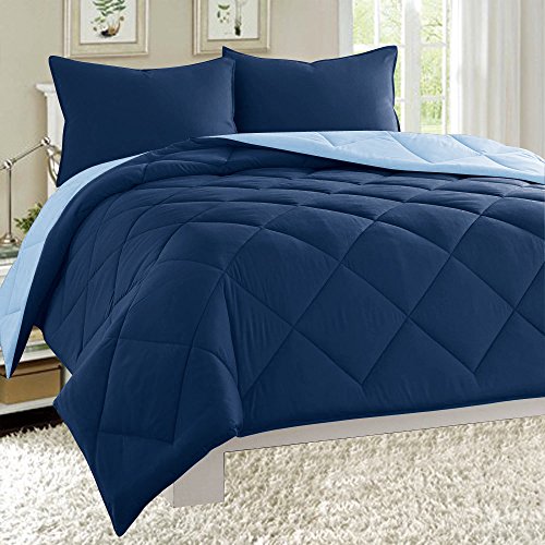 EMPIRE Dayton Reversible Comforter Set Down Alternative Solid Quilted Bed Cover (Twin, Navy & Blue)