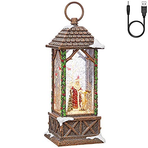 RAZ Imports Traditional Santa Lighted Water Lantern 10.75 Inch Lighted Christmas Snow Globe with Swirling Glitter with Deer Owl Cardinals Battery Operated and USB Powered