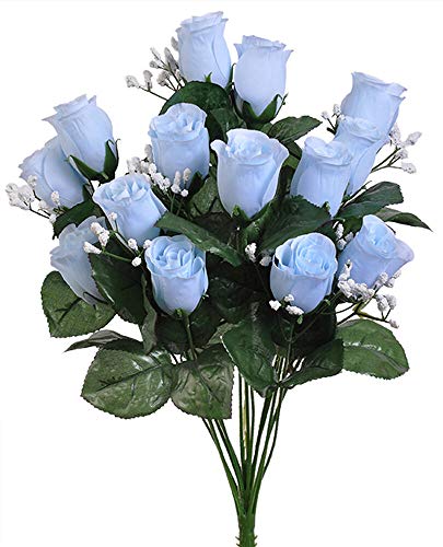 14 Light Baby Blue Roses Buds Lovely Long Stem Silk Wedding Flowers Bride Bouquets