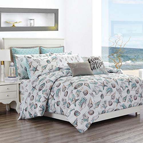 12 Piece Seashells Aqua/Gray Reversible Comforter Set with Sheets Cal King
