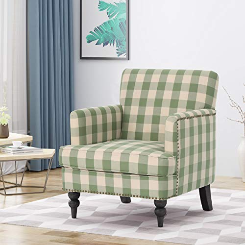 Christopher Knight Home 305562 Evete Tufted Fabric Club Chair, Green Checkerboard, Dark Brown