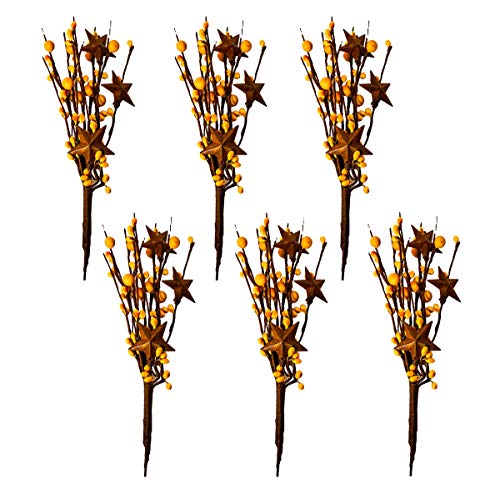 Pip Berry Metal Star Picks Set of 6-9inch Twigs Mustard Color Berries - Mini Artificial Plant Stem for Vases or Crafts - Country Primitive Floral Home Wedding Decor