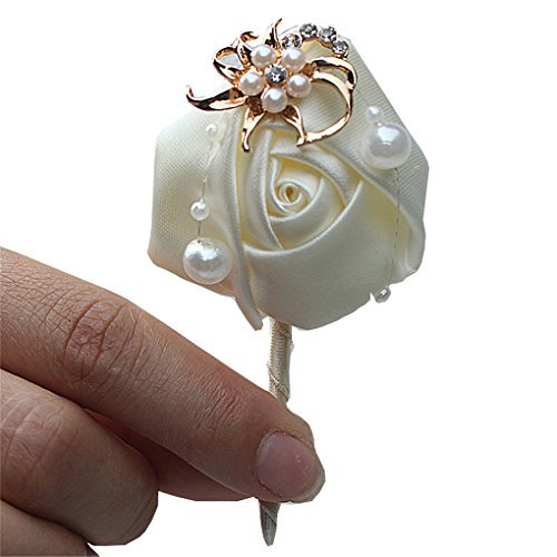 KUPARK 4pcs Ribbon Rose Wedding Flower Boutonniere Gold Crystal Groom Groomsman Best Man Pearl Beaded Brooch Pins