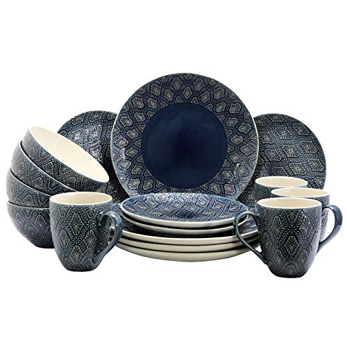 Elama EL Luxuriously Textured Kali 16 Piece Dinnerware Complete Setting for 4, 16pc, Blue