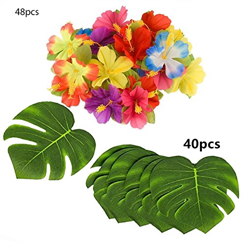Tropical Party Decoration 88 Pcs 20cm/8 Tropical Palm Leaves and Silk Hibiscus Flowers Tropical Party Decoration (40pcs Leaves+48pcs Flowers)