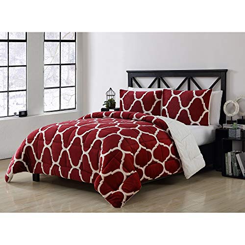 3 Pc Luxurious Modern Cherry Red Queen Comforter Set All-Season Traditional Geometric Pattern Sumptuously Soft Bedding Set Eye-Catching Quatrefoil Design Printed Faux Mink Reversible Perfect Bed Decor