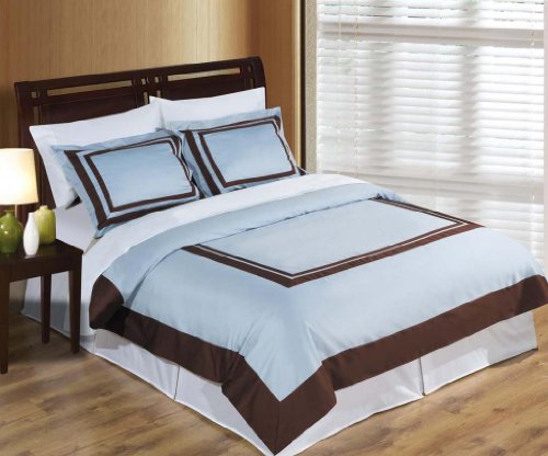 Luxurious Hotel Blue & Chocolate 4 Piece (4PC) King Size Comforter Set 100% Egyptian Cotton Ultra Soft Single Ply 300 Thread Count. Includes Super Soft All Season White Down Alternative Comforter