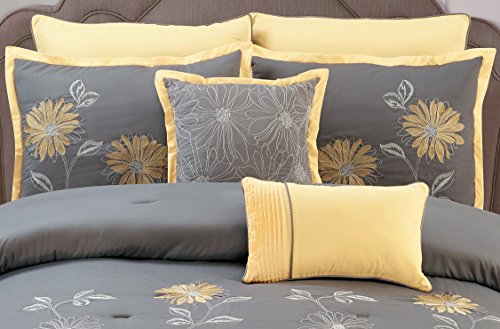 Yellow / Grey Renee Comforter Set Sunflower Embroidery Bed In A Bag King Size Bedding