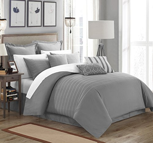 Chic Home 13 Piece Brenton Super Rich Microfiber Stitch Embroidered Comforter Set. King, Grey, with 4 White Sheet Set