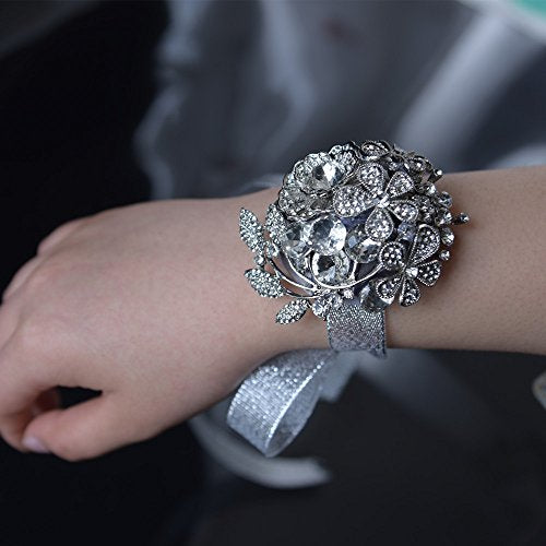 Abbie Home Customized Full Rhinestone Covered Wrist Corsage Crystal Wedding Roses Hand Flower (Silver)
