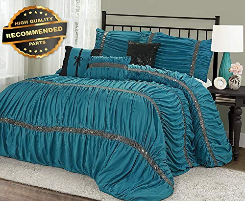 Gatton Premium New @homechoice 7 Pc Claraita Pleated Ruffled Comforter Set Teal King | Style Collection Comforter-311012659