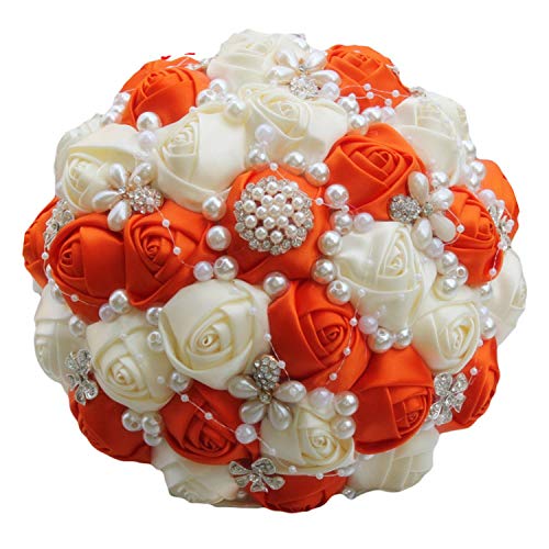 Bridal Wedding Bouquet Artificial Flower Diamond Pearl Beaded Orange Cream Flower Bouquet de Mariage 4size,21CM Choose Color