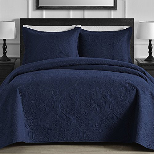 eLuxurySupply Floral 3-Piece Oversized Quilt/Coverlet Set with Cotton Filling, King, Navy Blue