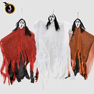 FiGoal Halloween Party Indoor and Outdoor Realistic Looking Decoration Set 3PCs 33in Hanging Ghost (Reapers) in Three Colors (Red, White and Orange) Haunted House Decor Accessories