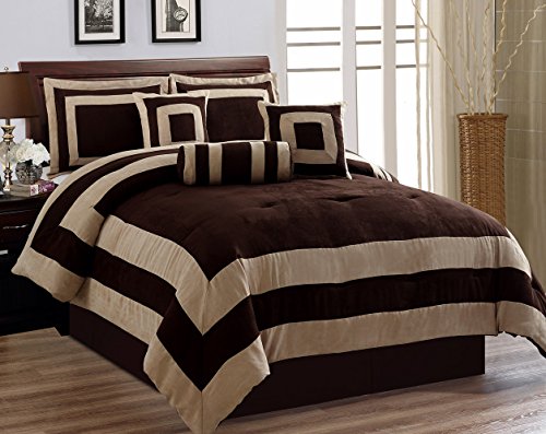 7 Pieces Chocolate Brown Suede Short Fur Comforter Set Queen Bedding Set / Bed-in-a-bag