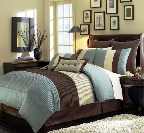 8 Piece Blue Brown Beige Regatta QUEEN Comforter Set with accent pillows