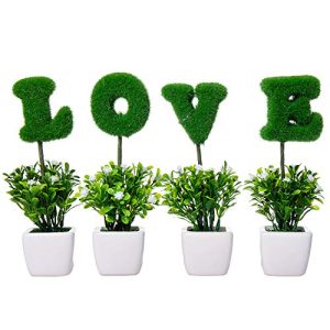 VERGOODR Love Artificial Plants Flowers Sculpted Letters Set of 4,Love Letters Tabletop Decoration Faux Hedge Letters with White Ceramic Pots,Gift for Valentine's Day,Wedding,Home (Greensquare)