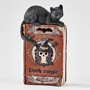 Worth Imports 12 Lightup Black Cat On Spell Book Figurine, Orange, Cream, Gray