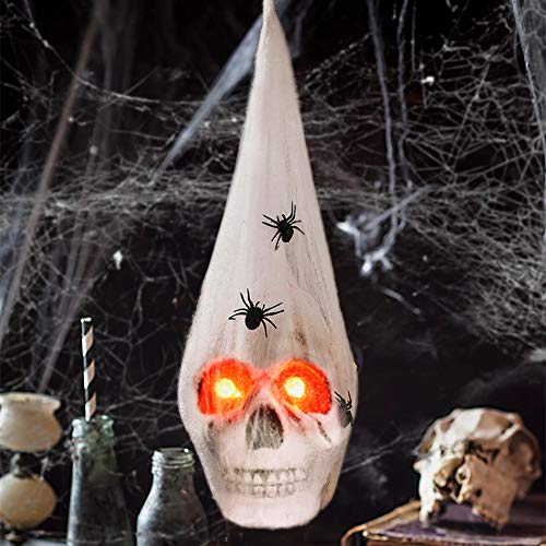 Halloween Realistic Skeleton Skull with Glowing Eyes, Super Stretch Spider Web for Halloween Party Favors and Halloween Decorations Props, 13.78 Inches