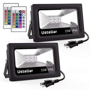 Ustellar 2 Pack 15W RGB LED Flood Lights, Outdoor Color Changing Floodlight with Remote Control, IP66 Waterproof 16 Colors 4 Modes Dimmable Wall Washer Light, Stage Lighting with US 3-Plug
