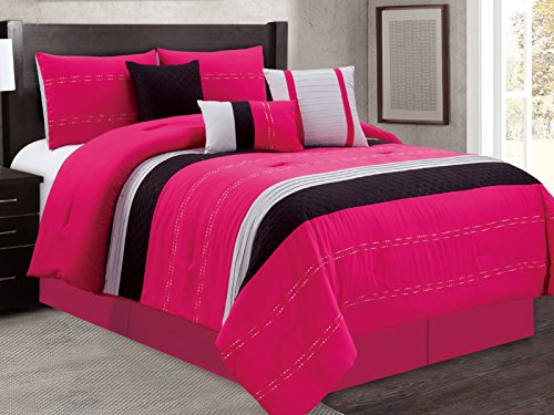 Empire Home 7 Piece Solid Soft Oversized Comforter Set 21150 - Pink & Black (King)