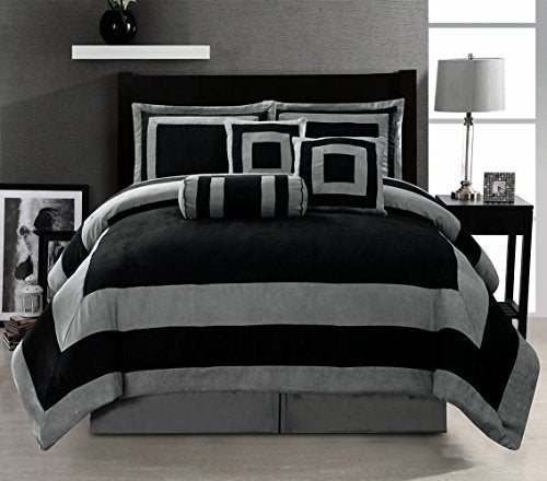 7 Pieces Black and Grey stripe Micro Suede Comforter Set Bed-in-a-bag KING Size Bedding