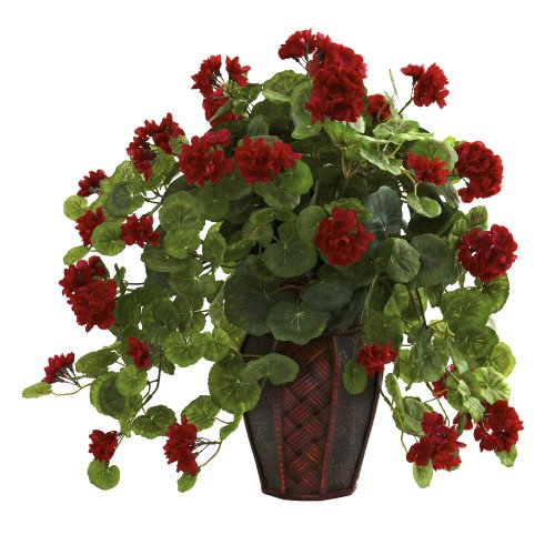 Nearly Natural 6777 Geranium with Decorative Planter, Green/Red