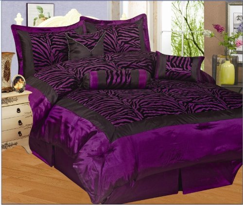 New 7Pc Faux Silk Flocking Purple Black Zebra Print Queen Size Comforter Set