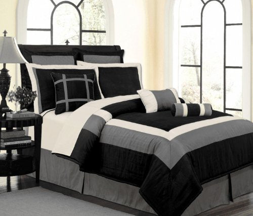 9 Pc Luxury Set, Black / White / Grey Hampton Faux Silk Comforter Set - Queen Bedding