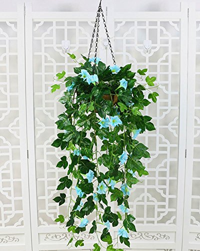 Lopkey Silk Morning Glory Artificial Flowers Wall Hanging Basket Decor (Blue)