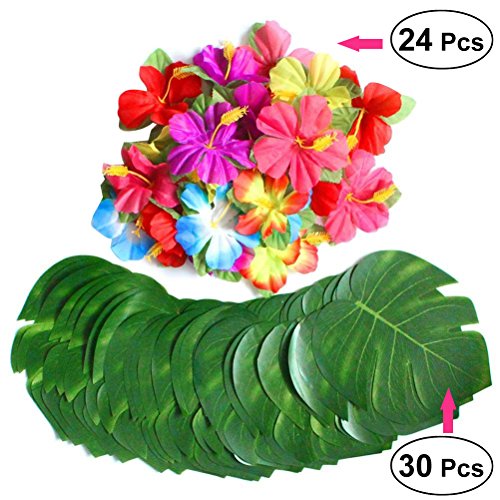 Tinksky Luau Party Artificial Plant Simulation Leaf Tropical Palm Leaves and Lifelike Hibiscus Flowers Petals for DIY Hawaiian Luau Party Decoration
