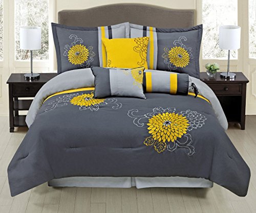 7 Piece Grey / Yellow Luxury Embroidered (California) Cal King Comforter Set with accent pillows