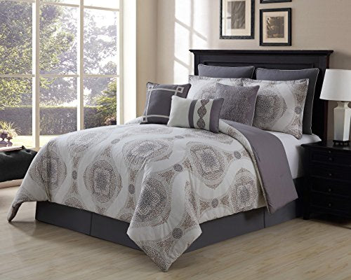 KingLinen 9 Piece Sloan Taupe/Gray 100% Cotton Comforter Set Queen