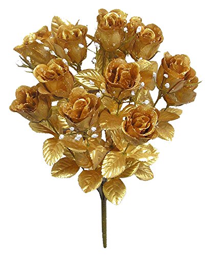 Admired By Nature GPB265G-GOLD 14 Stems Faux Blossoms Rose Bush, Gold