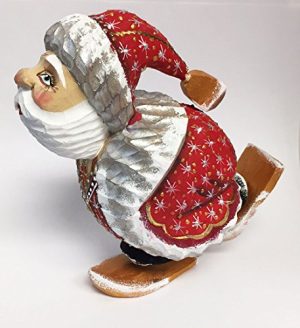 Wooden Hand Carved Painted Russian Santa Claus Skiing Figurine 5 Inch
