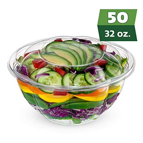 [50 Sets] 32 oz. Plastic Salad Bowls To-Go With Airtight Lids, Salad Containers