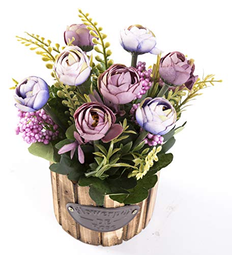 LODESTAR Artificial Flower in Wood Pot Mini Fake Floral Bouquet Indoor Outdoor Home Wedding Decoration - Purple