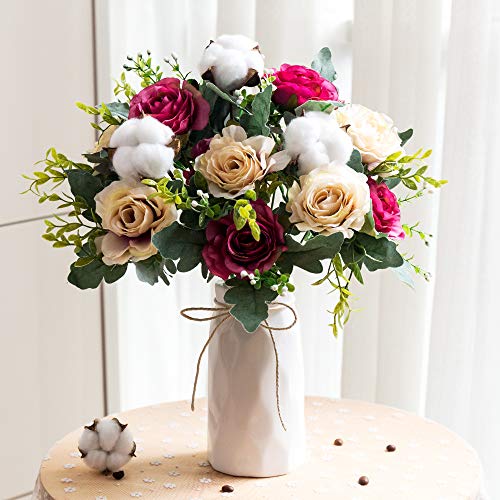 YUYAO Artificial Rose Flowers with Vase Silk Rose Fake Flower Bouquets and Vase Set for Wedding Home Table Party Decoration (Rose red)