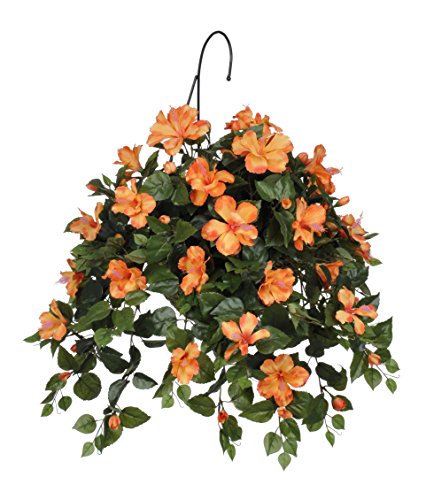 House of Silk Flowers Artificial Hibiscus Hanging Basket, Sunset Orange