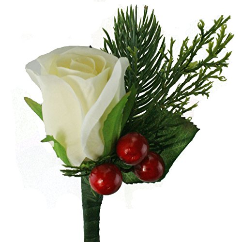 Winter Red Berry Ivory Rose Boutonniere - Christmas Formal- Silk Wedding Flower (red berry)