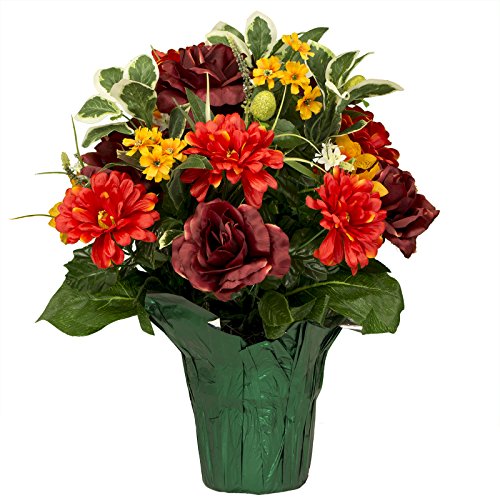 Burgundy Rose with Orange Dahlias Artificial Weighted Potted Bouquet (PT1796)